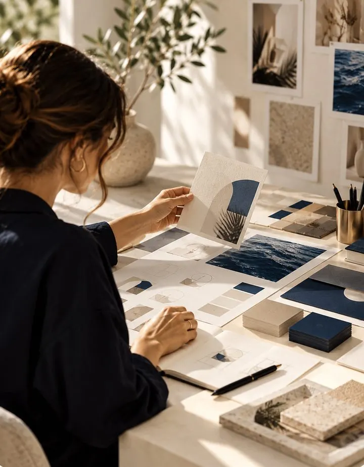 Diseñadora revisando piezas de identidad visual, paletas y tarjetas
