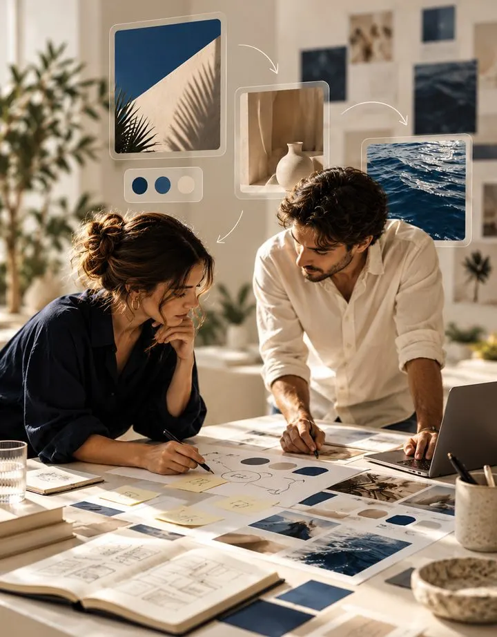 Equipo creativo trabajando una estrategia sobre la mesa con bocetos y referencias