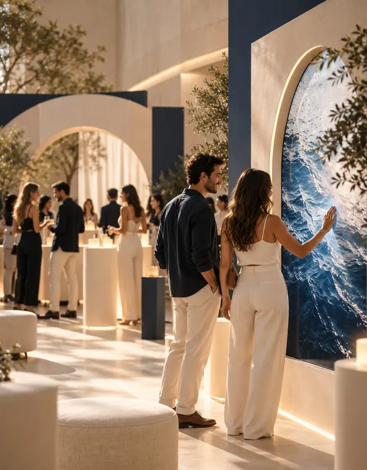 Invitados en un evento de marca interactuando con una pantalla inmersiva