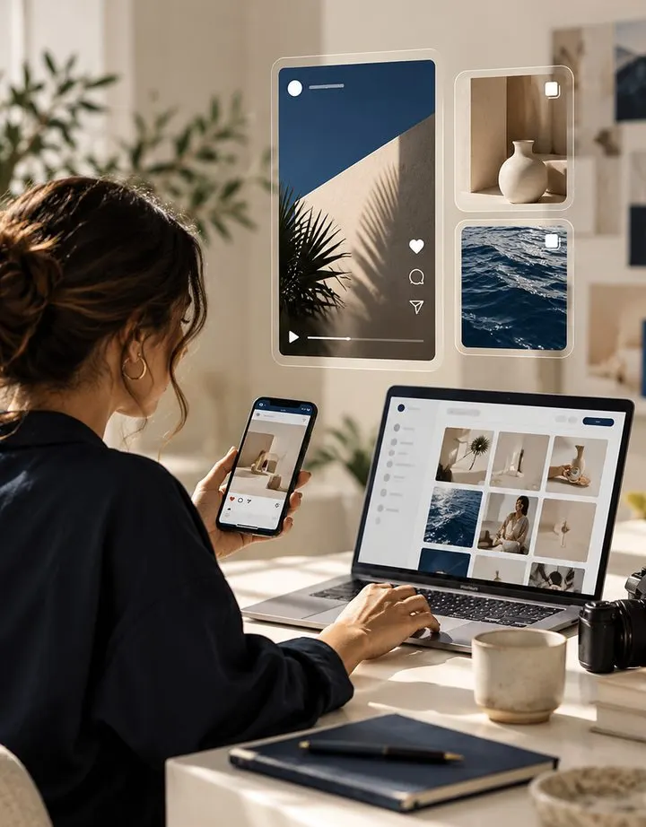 Creadora revisando contenido de redes sociales en su celular y laptop
